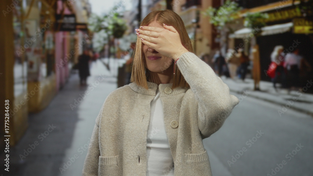 Fototapeta premium Woman with hand over mouth and eyes standing on urban street, expressing surprise, with buildings lining the bustling city scene in the background.