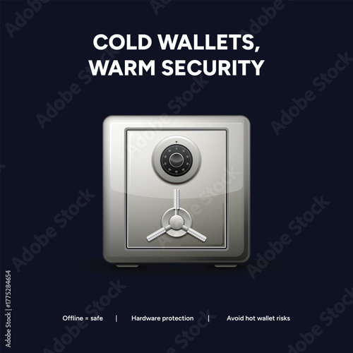 A safe box with the inscription cold wallets, warm security, representing the security of cryptocurrency cold wallets