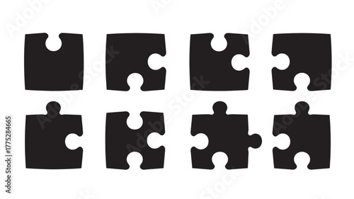 Black puzzle pieces arranged in a grid on transparent background silhouette