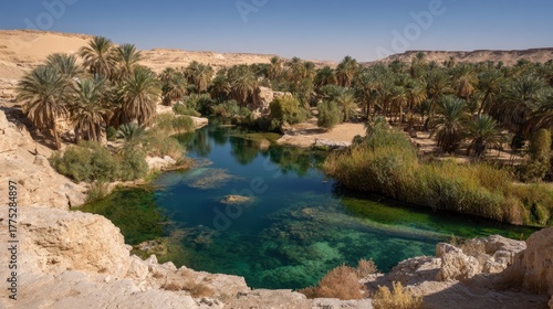 Lush oasis with clear blue water surrounded by palm trees and desert landscape under a bright blue sky
