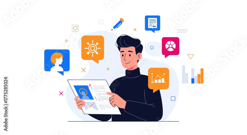 A Man Analyses Data and Charts in a Modern Illustration with Bubble Symbols