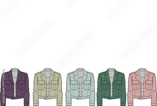 A selection of five cropped denim jackets in various pastel and muted colors laid out horizontally on a white background, showcasing different shades for fashion choices