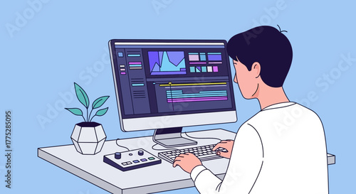 A Person At Work Using Computer With Software For Video Editing Process Creation