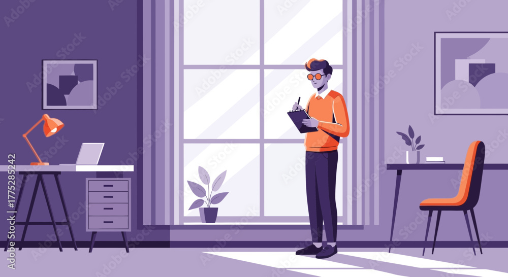 Fototapeta premium A Person Records Notes in an Office With Minimalist and Modern Interior Design