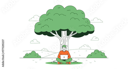 A Person Meditating While Working With a Laptop Under a Big Lush Tree For Peace