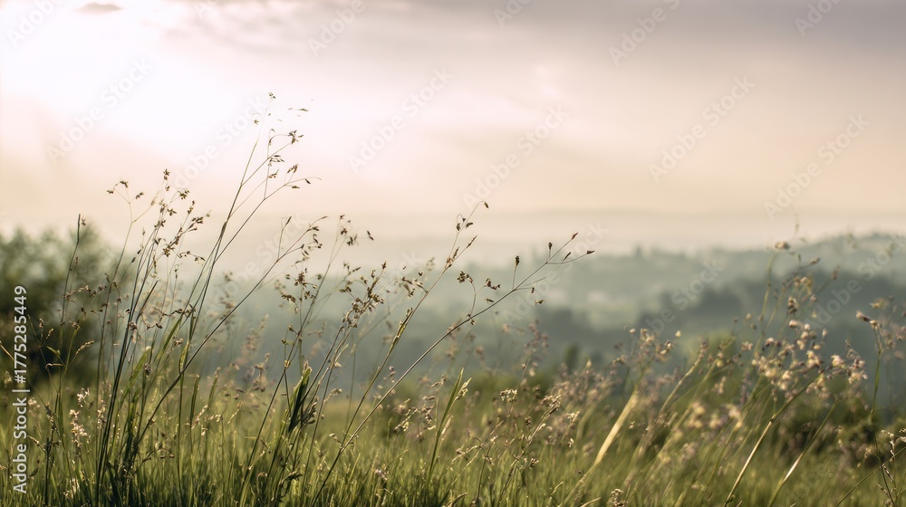 Obraz premium A serene landscape featuring tall grass swaying gently in the breeze, illuminated by soft sunlight with distant hills in the background.