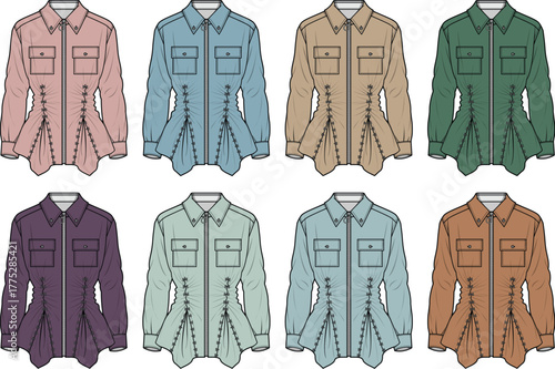 Fashionable women's shirts in various colors with detailed design