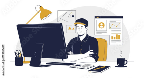 A Young Man Working At His Desk In Front Of A Computer Monitor On A White Background