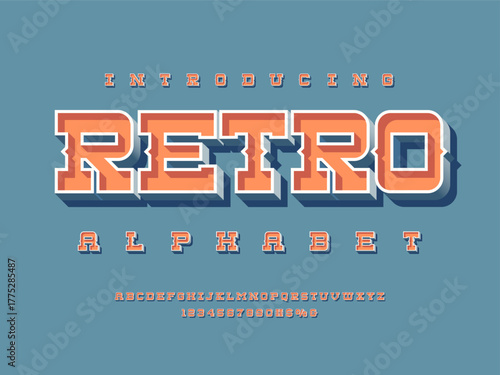 Vector of stylized retro alphabet design with uppercase, numbers and symbols
