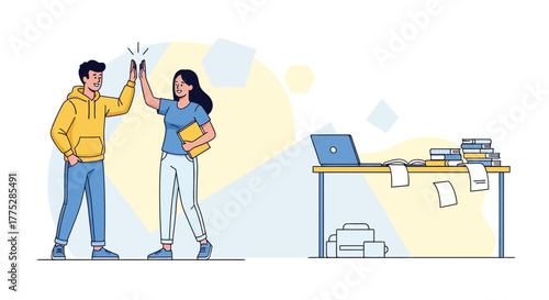 Achievement Celebration: Excited Colleagues Celebrate Successful Work With Hand High Five Gesture