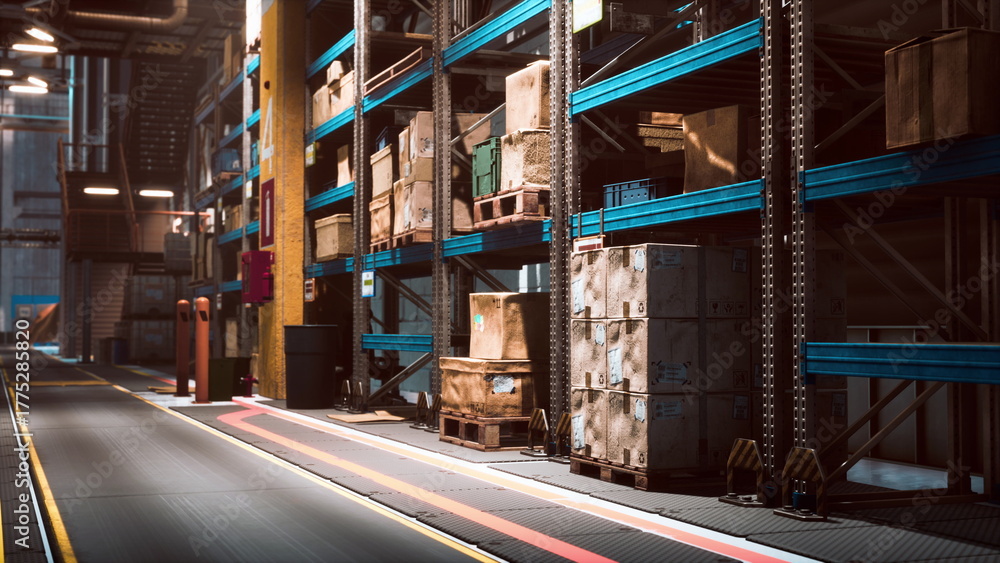 Fototapeta premium In a spacious warehouse, tall shelves hold numerous crates arranged neatly. Bright lights illuminate the area, highlighting the organized chaos of industrial storage.