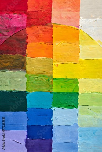 Colorful abstract painting with textured brushstrokes in a square grid pattern design