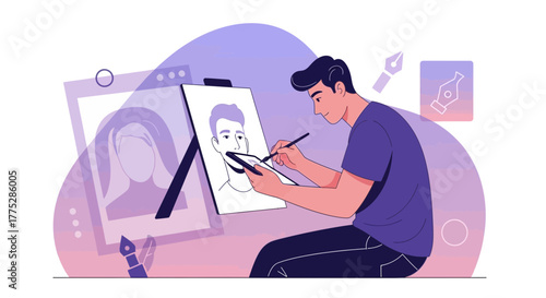 Artist Drawing Portrait: Digital Illustration of Creative Process and Design Elements