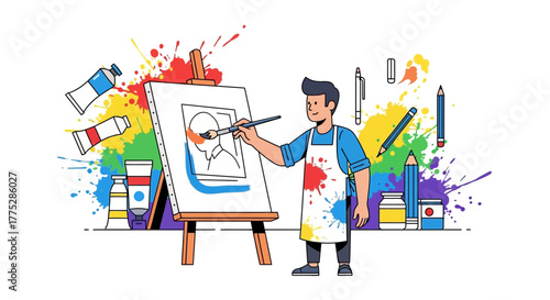 Artist Painting Conceptual Work On Canvas With Paint Splashes And Art Supplies Colorful