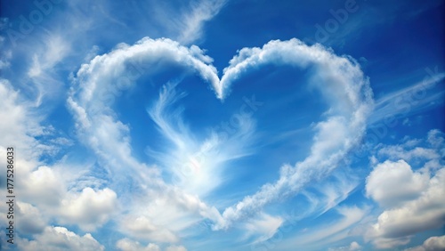 Fototapeta Naklejka Na Ścianę i Meble -  Softly wispy clouds in blue sky with heart shape design