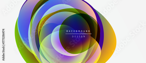 Abstract colorful layers create dynamic circular design. Vibrant hues blend, forming modern visual impact. Smooth gradients suggest movement.