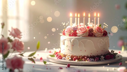 Photo-realistic birthday cake with beautiful white cream and pink rose decoration, featuring magical light and bokeh effects