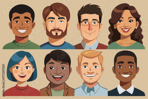 Diverse group of people portraits in a stylized silhouette style isolated on white background