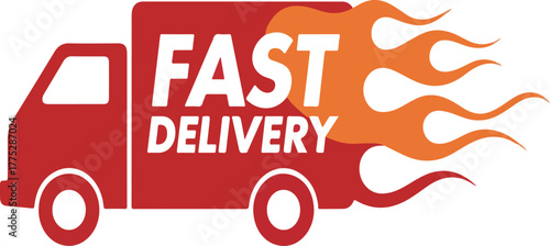 A red delivery truck with flames and fast delivery truck, delivery, fast, red, flames, transport, vehicle, speed, express, shipping, urgent, service, business, commercial, logistics, distribution, 