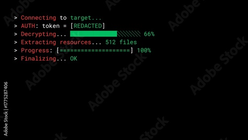Mockup Hacker Terminal Screen with Cyber Attack Simulation terminal command. - ASCII progress bar