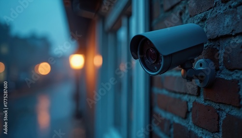 Security cam mounted on brick wall outside building. CCTV system monitors streets at night. Surveillance camera ensures safety, secure area, recording video for police or security.