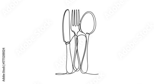 One Line Continuous Drawing of Silverware, Cutlery, Utensils, and Kitchenware, Minimalist Art Style