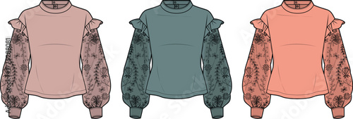 Fashion technical flat sketch set of a women's mock neck sweatshirt with ruffle shoulders and patterned voluminous sleeves in three colorways
