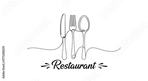 Restaurant logo concept with fork, knife, and spoon in a one continuous line drawing style, minimalist vector illustration for food service