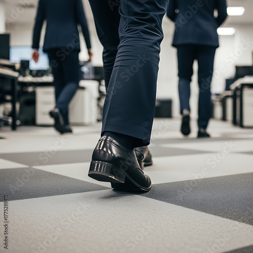 People Walking in Office Hallway Wearing Suits and Leather Shoes