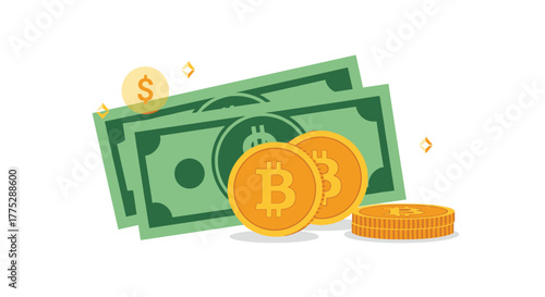 An illustration of green banknotes alongside gold Bitcoin cryptocurrency coins, representing traditional and digital money.