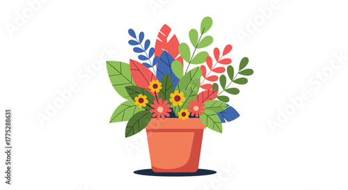 A vibrant collection of colorful flowers and diverse foliage in an orange terracotta pot, depicted in a charming flat illustration style.