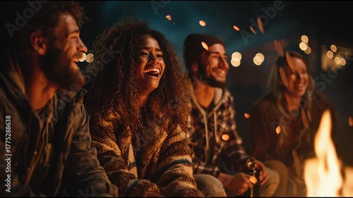 Authentic Joy: Diverse Friends Laughing Around a Warm Campfire at Night