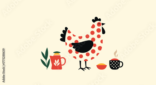 Stylized minimalist illustration featuring a cheerful spotted hen, a hot drink, and breakfast elements, presented on a soft, light background.