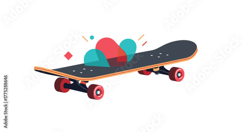 A vibrant illustration of a skateboard featuring two overlapping, translucent heart-like shapes with a playful glow.