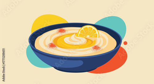 A colorful illustration of a delicious bowl of creamy hummus, elegantly garnished with olive oil, red spice, and a fresh lemon wedge.