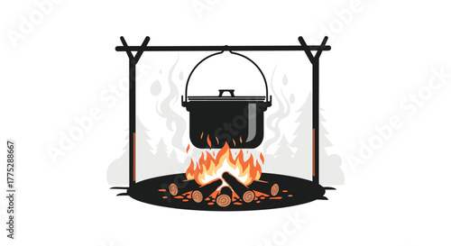 A traditional black pot is suspended over a warm, crackling campfire, cooking a meal in a serene outdoor setting with a forest in the background.