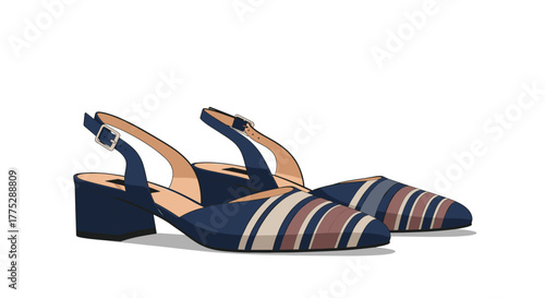 A pair of fashionable women's navy blue slingback shoes with block heels and a striped pointed toe design, isolated on a white background.