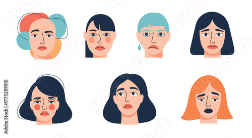 Vector illustration of diverse female faces showing sad, worried, and anxious expressions, reflecting various emotional states.