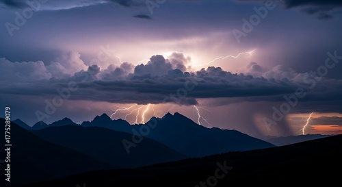 Dramatic Lightning Storm Over Mountain Range at Dusk.