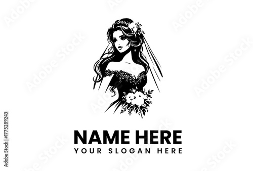 Beautiful bride in a wedding dress and veil holding a floral bouquet. A classic female portrait illustration for a logo design template