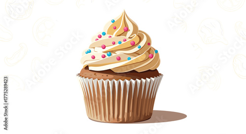A delightful illustration of a delicious cupcake, featuring creamy light brown frosting and vibrant pink and blue sprinkles, set on a clean white background.