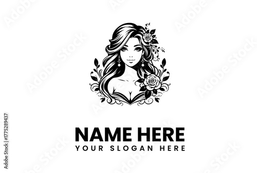 Elegant monochrome illustration of a woman with flowing hair and intricate roses, embodying grace, natural beauty, and refined style, perfect for sophisticated branding