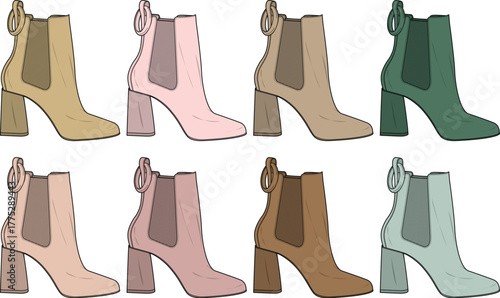 Collection of stylish ankle boots in various pastel and earthy tones with block heels