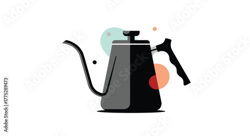 A stylish gooseneck pour-over coffee kettle rendered in a flat, modern design with abstract colorful shapes on a white background.