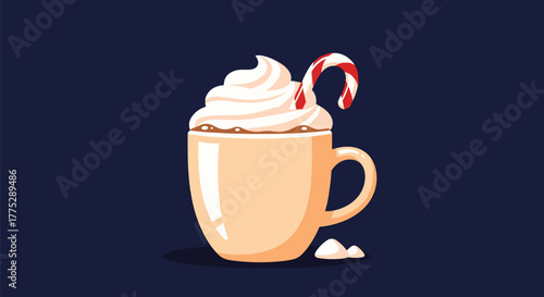 A vibrant illustration depicts a cozy hot chocolate mug topped with whipped cream and a festive red and white candy cane, set against a deep blue background.