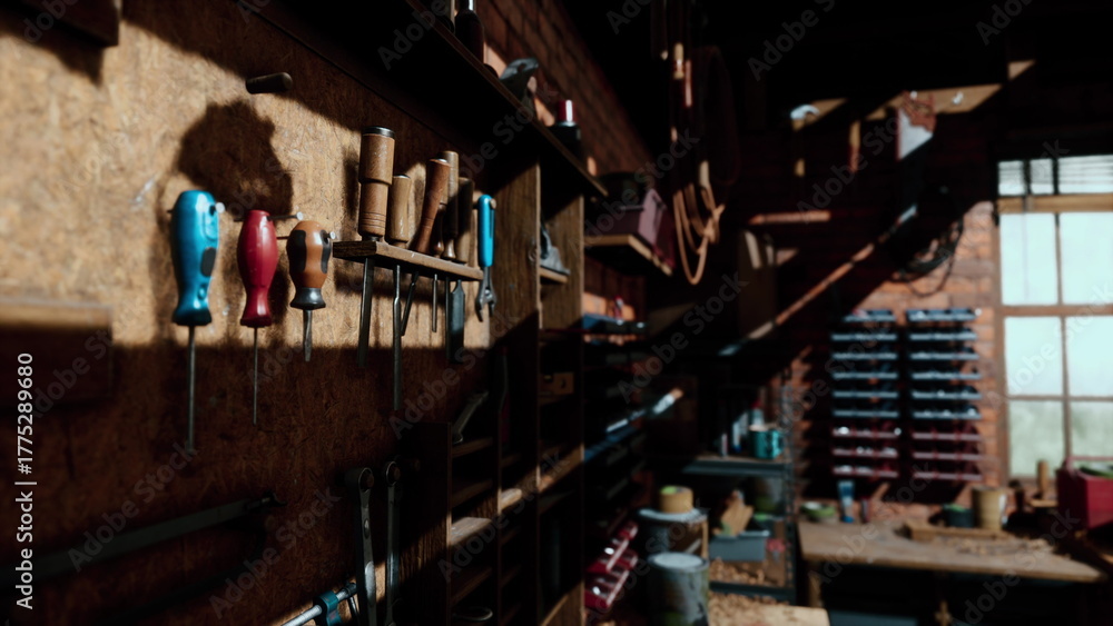 Obraz premium In a warmly lit workshop, tools hang neatly on a wall, casting shadows. The rustic atmosphere showcases craftsmanship and organization, inviting creativity and hard work.