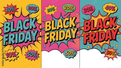 Black Friday Sale Comic Style Vertical Banners with Discounts Keywords: black friday, sale