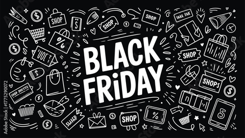 Black Friday Sale Hand Drawn Doodle Icons Border Black Background Keywords: black friday, sale