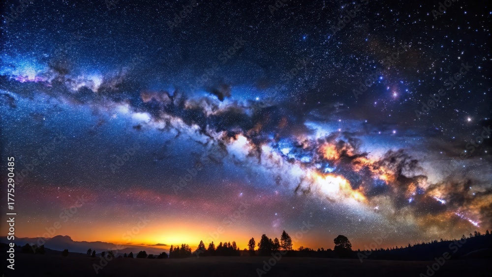 Fototapeta premium A stunning panoramic image of a dark night sky with a bright Milky Way and numerous stars on a clear blue background