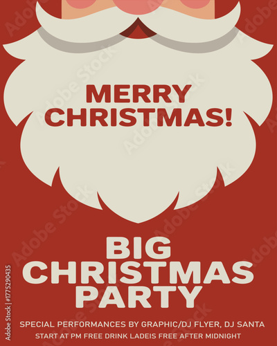 Festive Christmas Party Flyer with Santa Claus Graphic and Bold Typography Inviting Guests for a Special Holiday Celebration Full of Music and Cheer